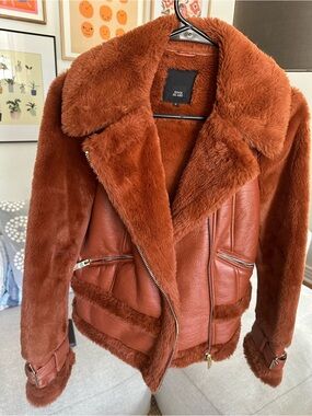 River Island Rust Faux Fur Moto Jacket